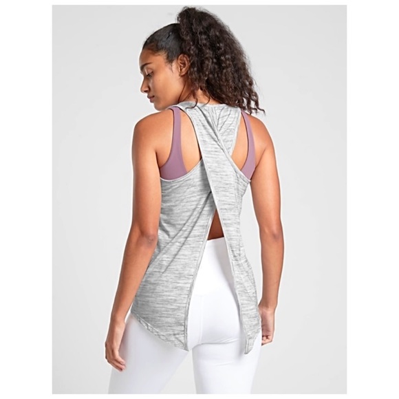 ATHLETA Essence Tie-Back Tank Top M Pretty Grey & Pearl White Tee Shirt NWT’S - Picture 4 of 7